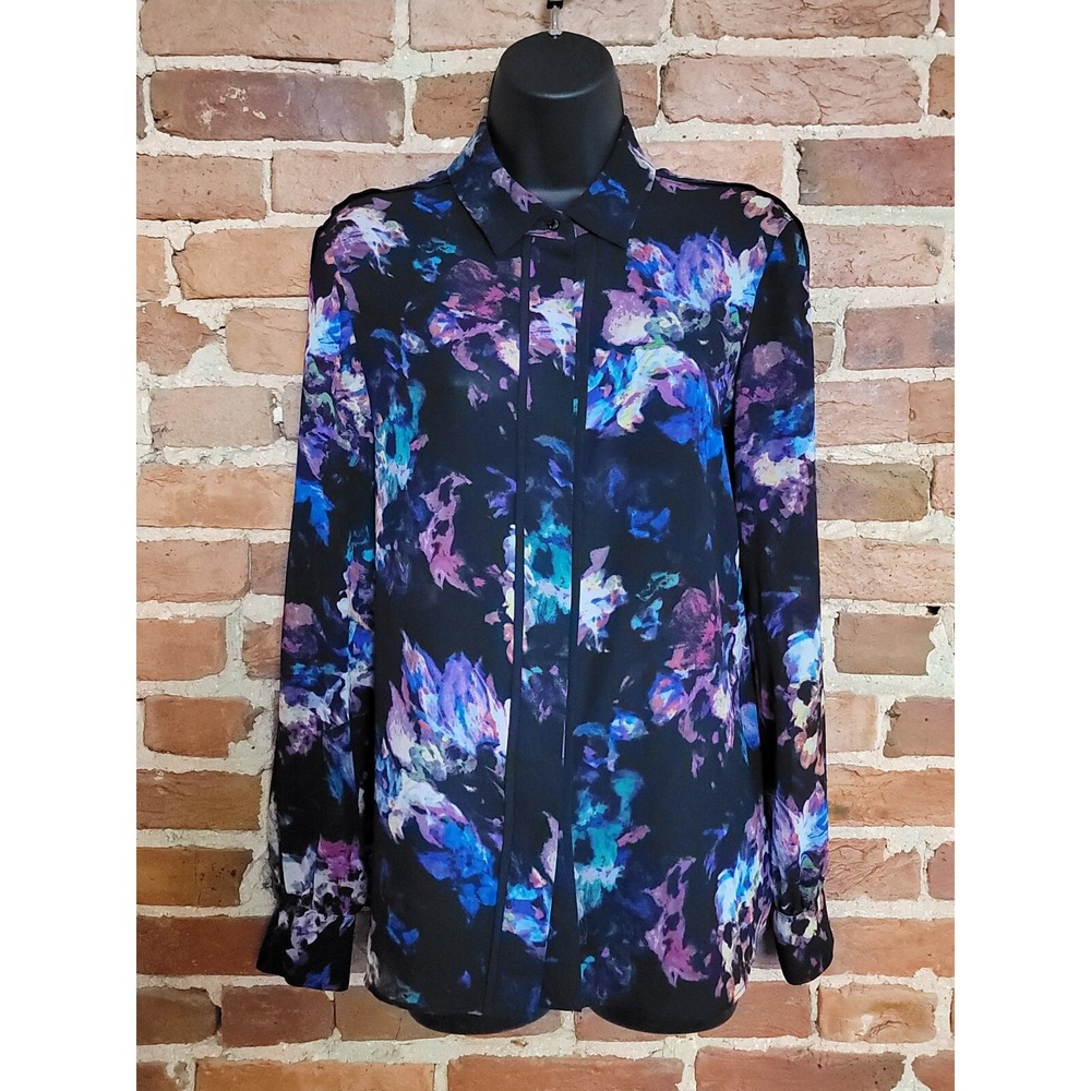 Ellen Tracy Shirt Blouse Womens Small Black Floral Chiffon Collared Button Front
